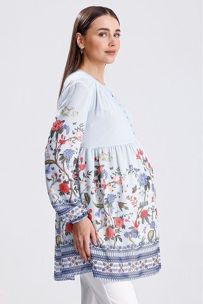 KATLİN MATERNİTY WEAR Pregnant Floral Pattern Lined Chiffon Blouse with Collar Button Detail (Breastfeeding)