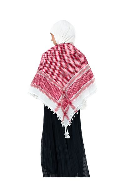 Zaytoon Dense Red Striped Kefiye Scarf - Palestine Puchsia with Tassels S300003