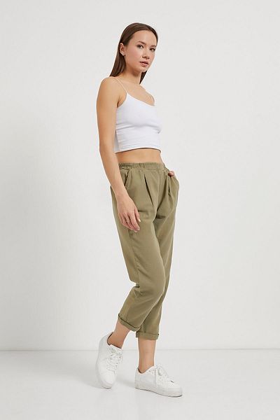 Arma Life Women's Elastic Waist Loose Linen Khaki Carrot Trousers