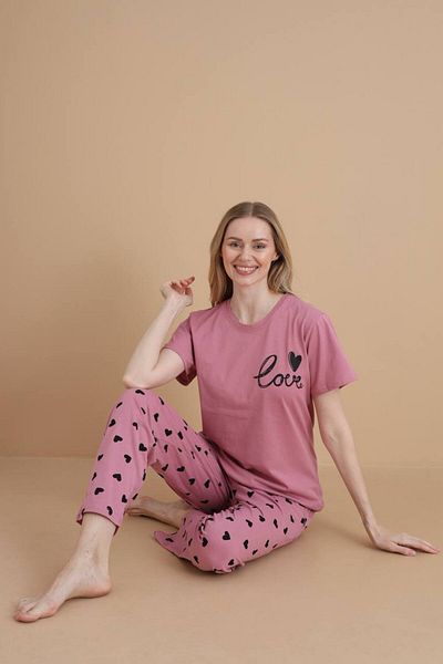 shopshop Women's Dusty Rose Love Heart Printed 100% Cotton Short Sleeve Pocket Summer Pajama Set