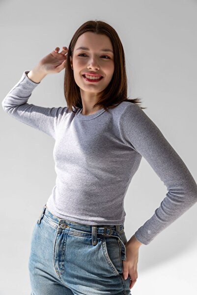 la & vetta Πλεκτή μπλούζα με ραβδώσεις γκρι Crop - Μακρυμάνικη