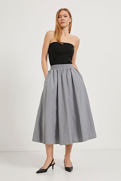 Arma Life Women's Elastic Flared Poplin Long Gray Skirt with Pockets