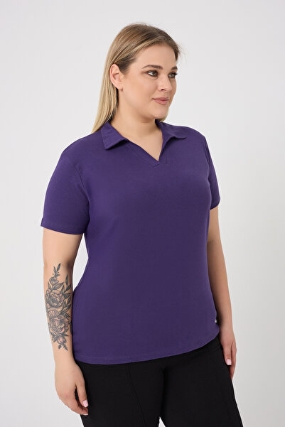 BANEGA Curve Plus Size Γυναικεία βαμβακερή Lycra V λαιμόκοψη Basic μονόχρωμη κοντομάνικη μπλούζα μωβ