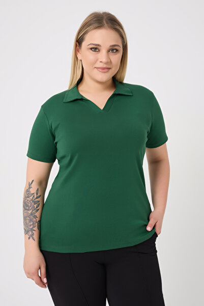BANEGA Curve Plus Size Γυναικεία βαμβακερή Lycra V λαιμόκοψη Βασική μονόχρωμη κοντομάνικη πράσινη μπλούζα