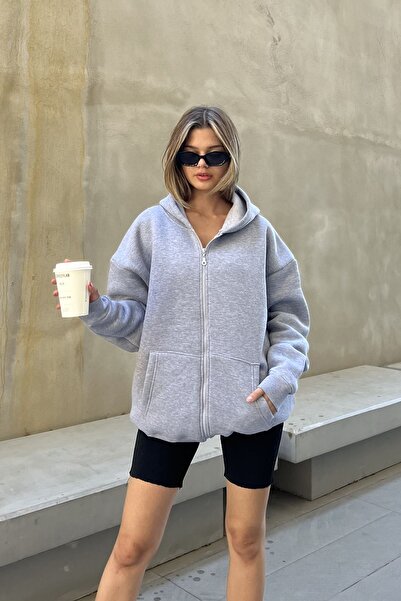la & vetta Oversize Gray Hooded Zippered Raised Sweatshirt