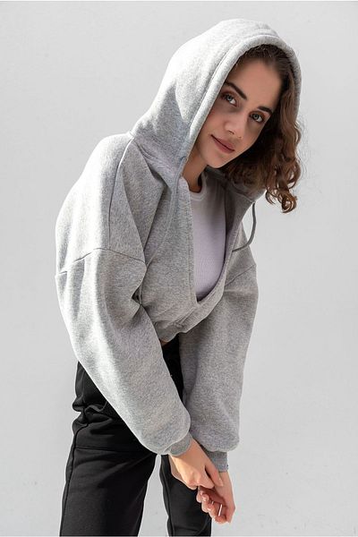 la & vetta V-Neck Hooded Gray Knitted Crop Sweatshirt