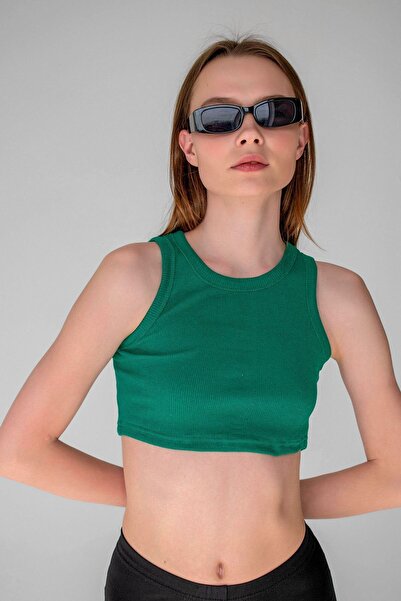 la & vetta Grass Green Ribbed Super Crop Halter Collar Knitted Tank Top