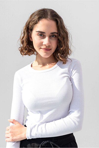 la & vetta Λευκό μακρυμάνικο πλεκτό μπλουζάκι με ραβδώσεις