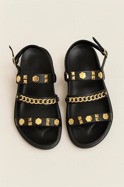 Madamra Black Women's Chain and Gold Metal Detailed Summer Bohemian Stylish Thick Sole Sandals