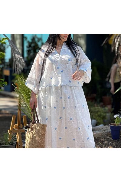 Lavanta Tekstil Floral Embroidered Shirt Skirt Set