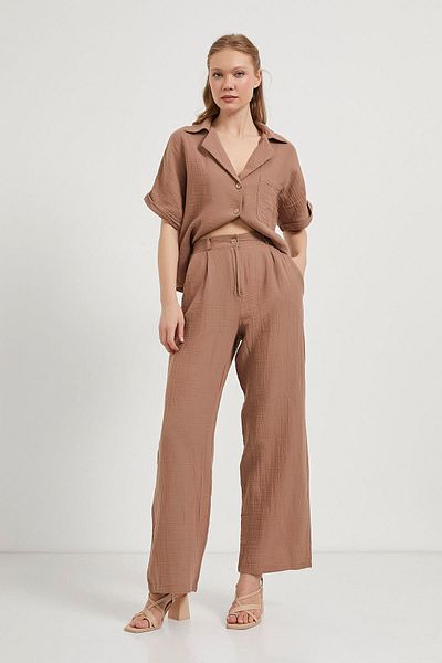 Arma Life Women's Waist Elastic Buttoned Muslin Brown Loose Trousers
