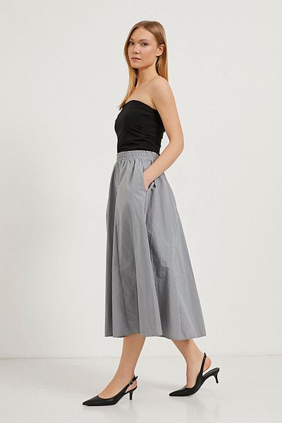 Arma Life Women's Elastic Flared Poplin Long Gray Skirt with Pockets