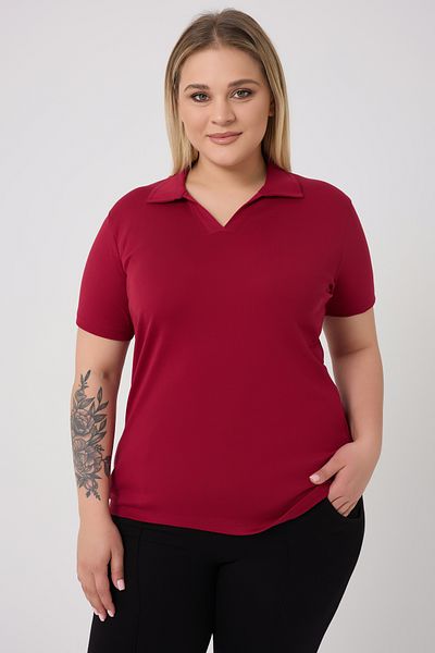 BANEGA Curve Plus Size Women's Cotton Lycra V-Neck Basic Plain Short Sleeve Burgundy Blouse