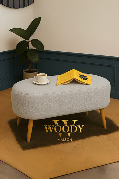 WoodyMaison Rustika Gri Renk Teddy Kumaş Puf Bench Koltuk Tabure 34 x 90 x 42 cm Ahşap Ayak Metal Bağlantı