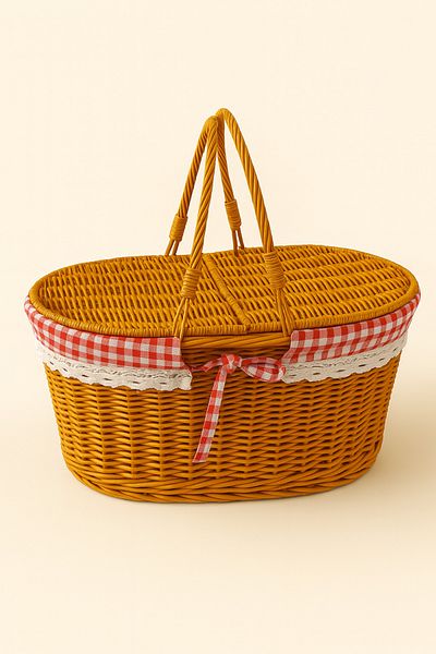 Mirilliahome Rattan Picnic Basket with Lid Vintage Lace Basket with Handles 40X25X18 cm