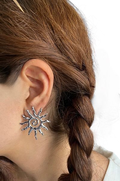 stravis Silver Color Textured Sun Earrings