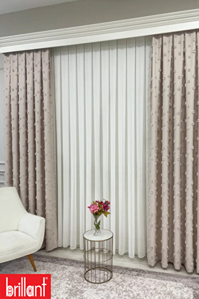 Perde Pendik Fon Perde Bej Pufy Brillant Püsküllü, Ponponlu, Perde Sık Pileli Keten Pano Fon Tek Kanat