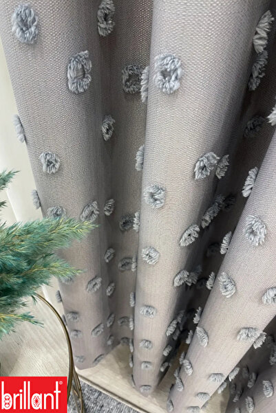 Perde Pendik Fon Perde Gri Pufy Brillant Püsküllü, Ponponlu, Perde Sık Pileli Keten Pano Fon Tek Kanat