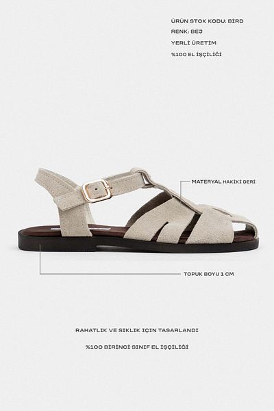 NİŞANTAŞI SHOES Sandale de damă cu talpă plată din piele naturală din piele de căprioară bej
