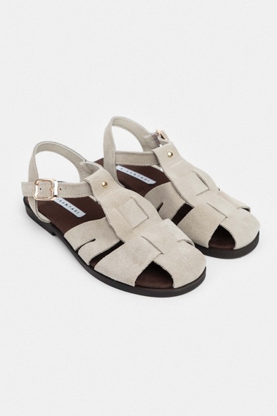 NİŞANTAŞI SHOES Dámské sandály Bird Béžová semišová pravá kůže s přezkou na plochém podpatku