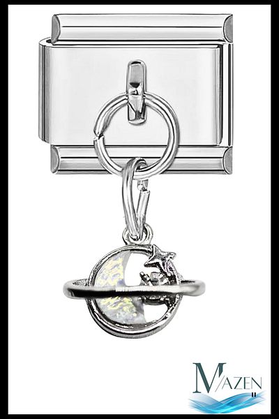 MAZEN Charm with Hanging Steel Moon and Planet Figure - Italian Bracelet Compatible
