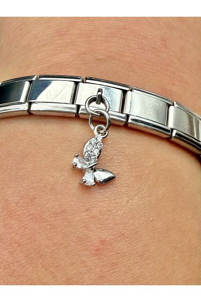 Snartun Zircon Stone Butterfly Steel Charm and Italian Steel Bracelet Italian Bracelet Steel Charmcustom Boxed