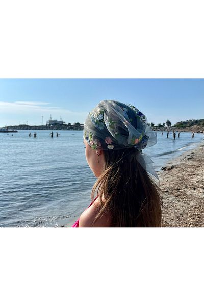 VENÜS MODA by Pınar Gray Tulle Bandana New Season Spring Floral Embroidered Tulle Scarf Hair Accessory Combination