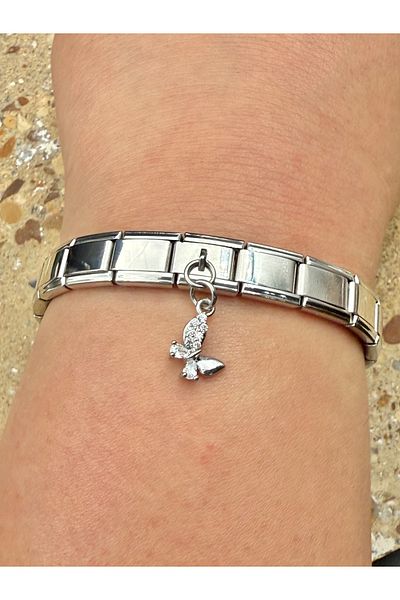 Snartun Zircon Stone Butterfly Steel Charm and Italian Steel Bracelet Italian Bracelet Steel Charmcustom Boxed
