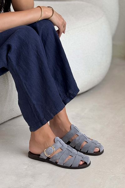 NİŞANTAŞI SHOES Papuci de damă Honey Stone din piele intoarsa autentica cu talpa plată