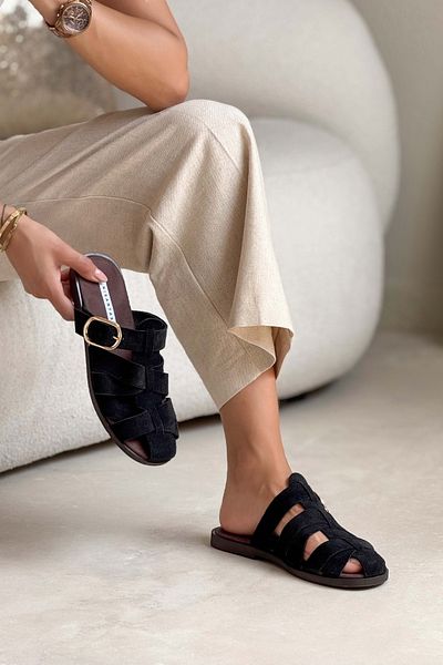 NİŞANTAŞI SHOES Honey Black Genuine Suede Buckle Detailed Flat Sole Women's Slippers