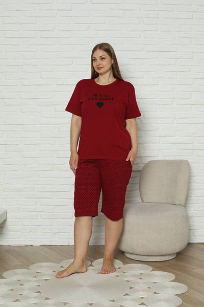 shopshop Set de pijamale pentru femei Bordeaux Plus Size 100% bumbac de vară cu mâneci scurte Capri Bermuda cu buzunare
