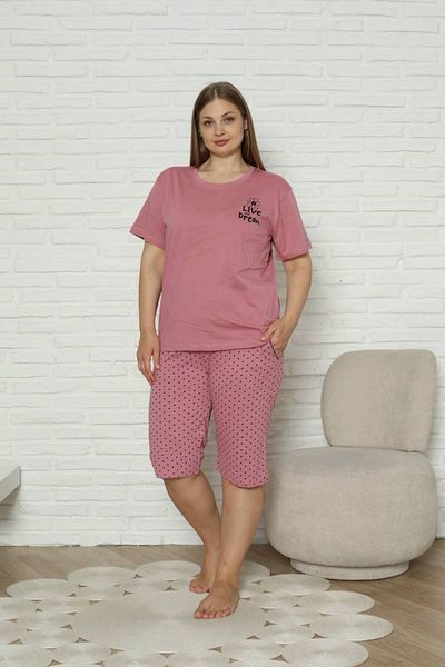 shopshop Women's Pink Plus Size 100% Cotton Summer Short Sleeve Pocket Capri Bermuda Pajamas Set