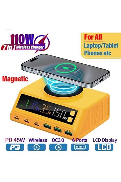 Generic 7 In 1 110w Wireless Charger – Fast Charging Station With 6 Ports, Lcd Display & Magnetic Coil