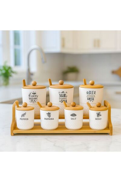 AENLINE HOME Ahşap Kapaklı 7' li Seramik Baharat Takımı Kaşıklı Standlı Şık T...