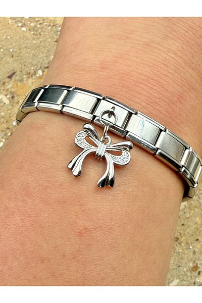 Snartun Zircon Stone Bow Steel Charm and Italian Steel Bracelet I Special Boxed
