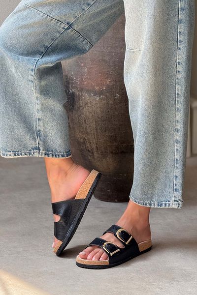 NİŞANTAŞI SHOES Michelle Black Genuine Leather Matte Flat Sole Detail Double Buckle Women's Slippers