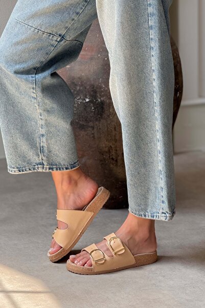 NİŞANTAŞI SHOES Michelle Nude Genuine Leather Matte Flat Sole Detail Double Buckle Women's Slippers