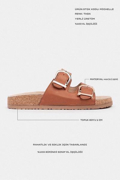 NİŞANTAŞI SHOES Papuci de damă Michelle Taba din piele naturală, mată, cu talpă plată, cu cataramă dublă