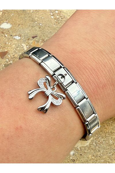 Snartun Zircon Stone Bow Steel Charm and Italian Steel Bracelet I Special Boxed