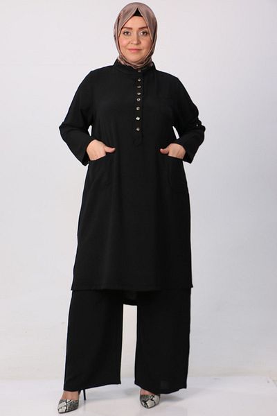 Moda Rosa 23Y37006 - Black - Large Size Airobin Suit with Pocket Trousers