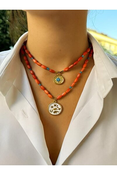 synshop Nar Çiçeği Mercan Kolye Nazar Boncuk Uçlu