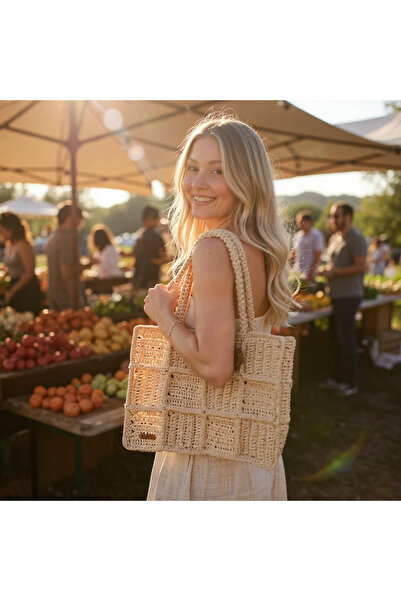 Zuviel Deco Handmade El Yapımı Örgü Hasır Patchwork Tasarım Çanta, Plaj Çantası ( Hediyeli )