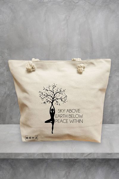 BEKZ Geanta de plaja Yoga Sky above earth peace within, 40x51 cm, Crem, BEKZ®