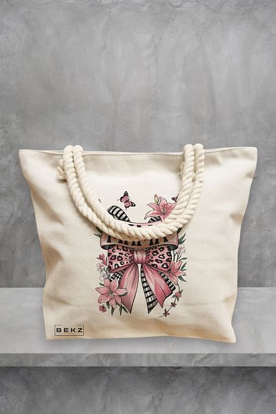 BEKZ Geanta de plaja, model Mama Pinky, 40x51 cm, Crem, BEKZ®