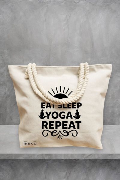 BEKZ Geanta de plaja Yoga Eat Sleap Yoga Repeat, 40x51 cm, Crem, BEKZ®