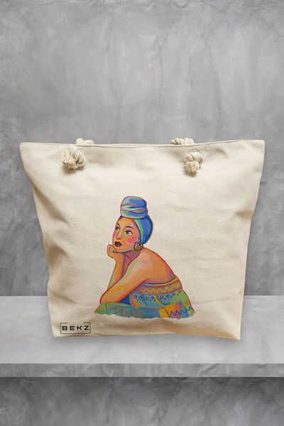 BEKZ Geanta de plaja, model Portret Vibrant 2, 40x51 cm, Crem, BEKZ®
