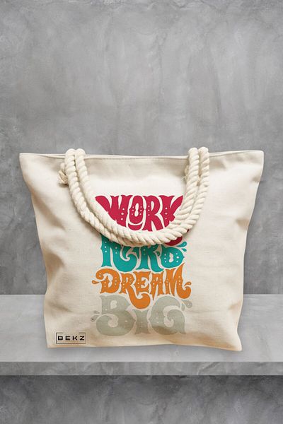 BEKZ Geanta de plaja, model Work Hard Dream Big, 40x51 cm, Crem, BEKZ®