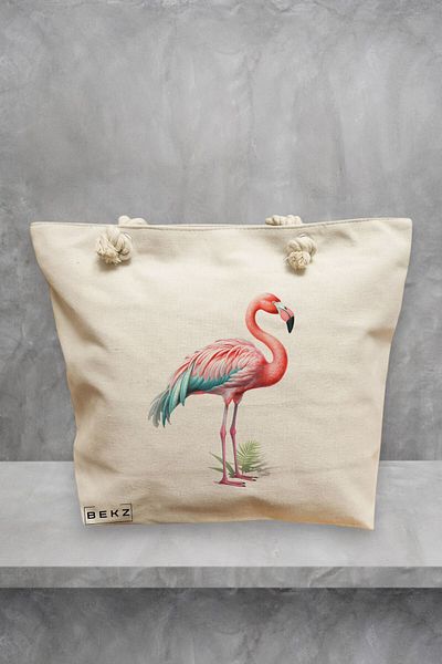 BEKZ Geanta de plaja, model Flamingo 2, 40x51 cm, Crem, BEKZ®