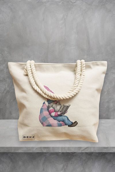 BEKZ Geanta de plaja, model The Bookish Gnome 9, 40x51 cm, Crem, BEKZ®