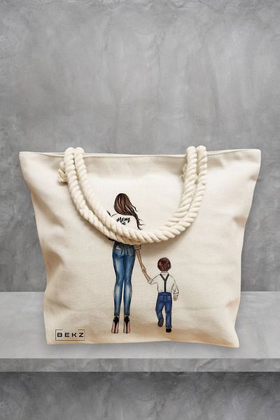 BEKZ Geanta de plaja, model Mom of Boys, 40x51 cm, Crem, BEKZ®